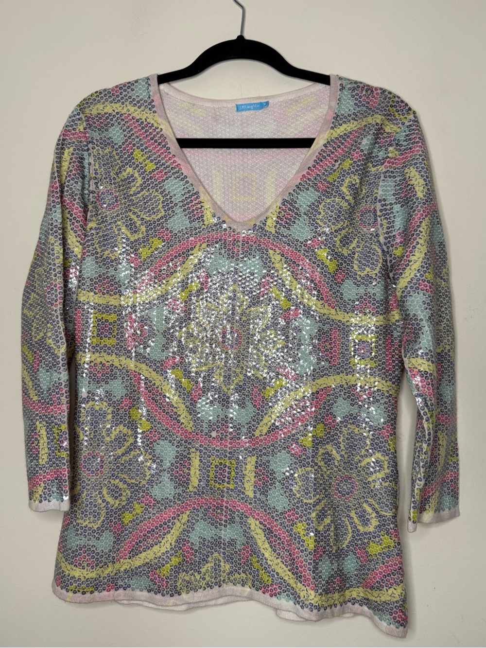 J MCLAUGHLIN Corali Sequin Geometric Floral Print Vneck Sweater Top